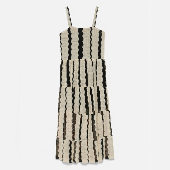 NWT Zara Black Natural Crochet Knit Chevron Stripe Tiered Midi Dress Size S - Picture 3 of 13